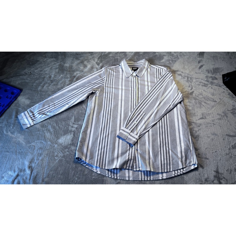 Lands End Womens Large 14-16 Striped Button Down Shirt Blue White Long Sleeve